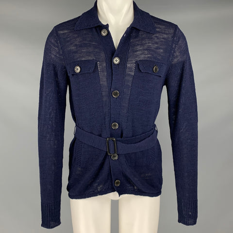 DRIES VAN NOTEN Size M Navy Knit Linen Blend Buttoned Cardigan