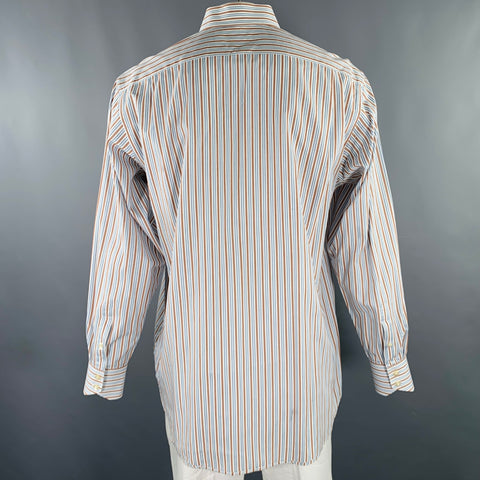 THOMAS DEAN Size L White Blue Brown Stripe Cotton Oversized Long Sleeve Shirt