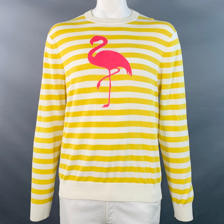 MR TURK Size L Yellow White Pink Flamingo Stripe Cotton Blend Crew Neck Pullover