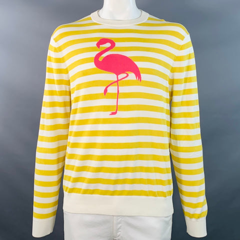 MR TURK Size L Yellow White Pink Flamingo Stripe Cotton Blend Crew Neck Pullover