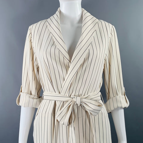 BABATON Size XS White Black Polyester Viscose Pinstripe Open Front Coat