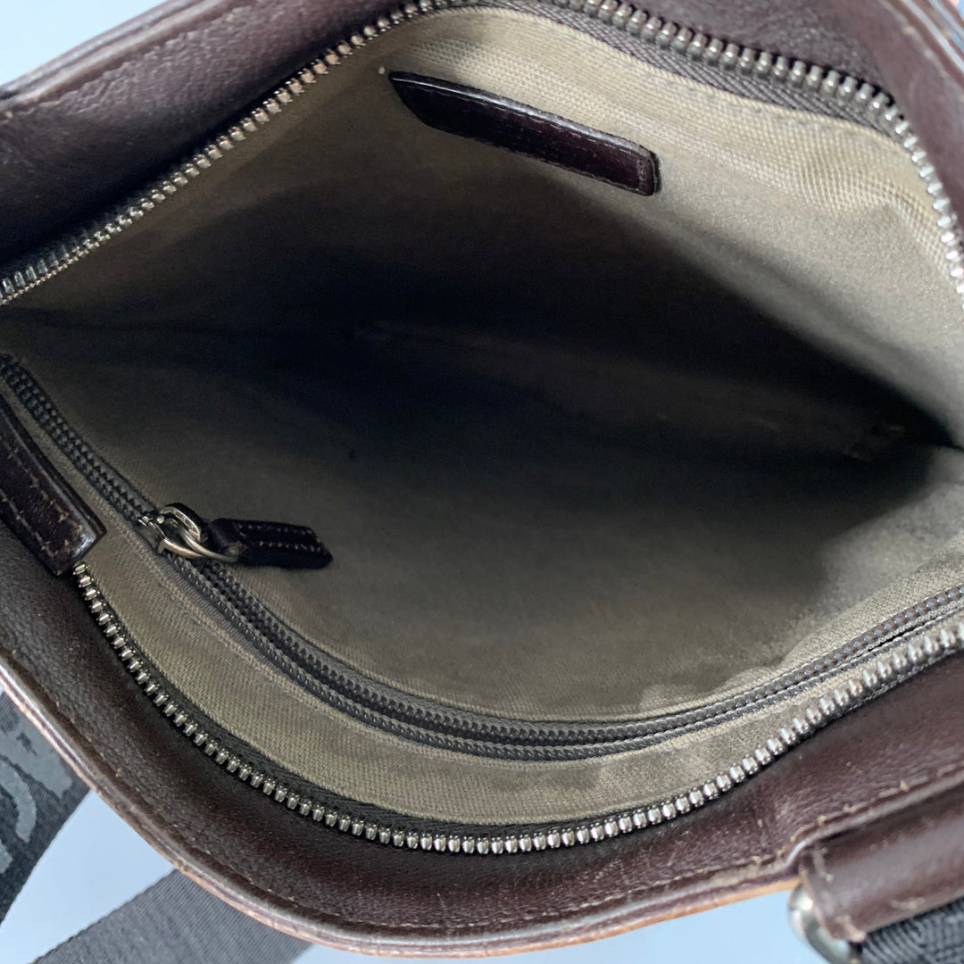 SALVATORE FERRAGAMO One Size Brown Black Leather Nylon Embossed Logo Crossbody Bag
