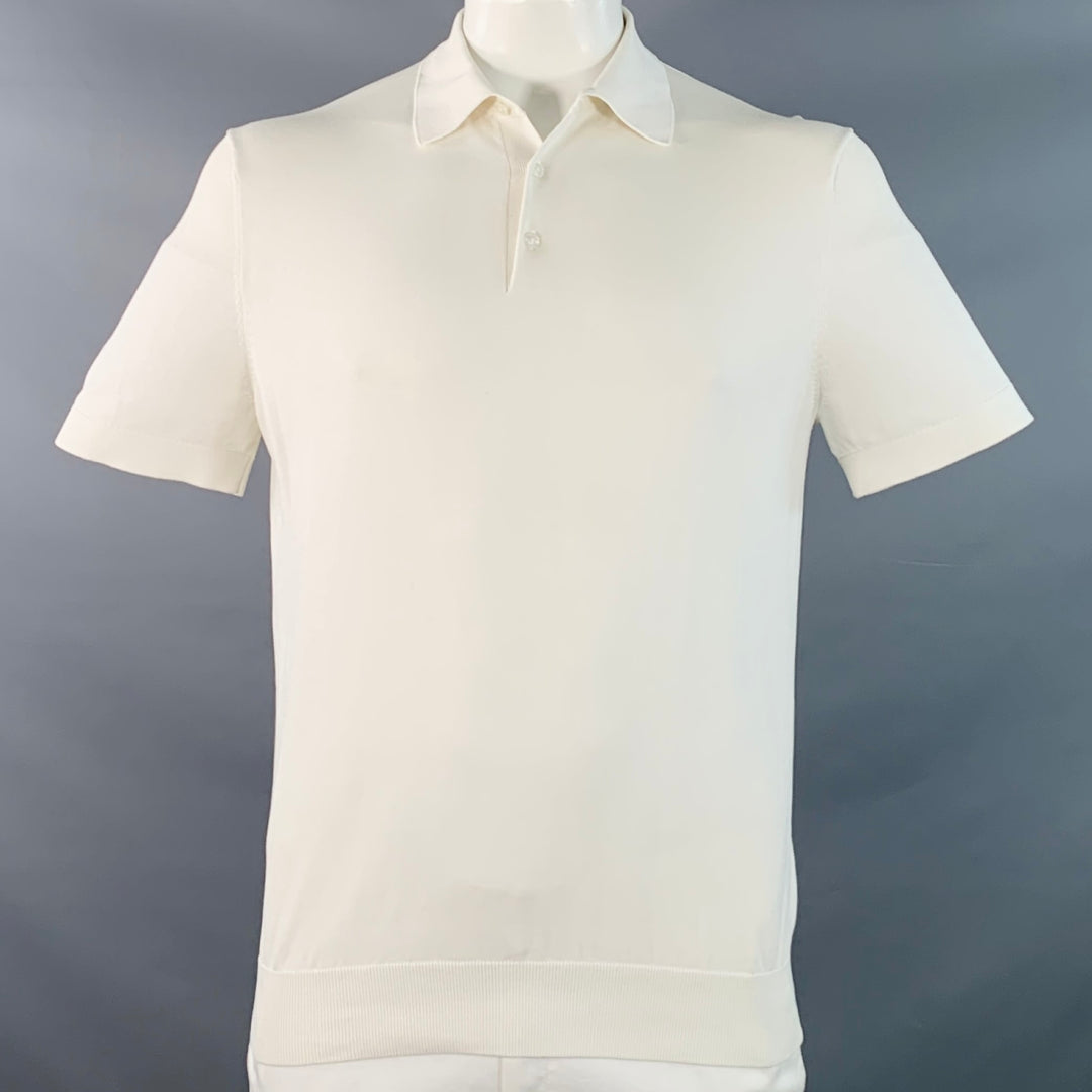 SUITSUPPLY Size L White Cotton Silk Short Sleeve Half Placket Polo