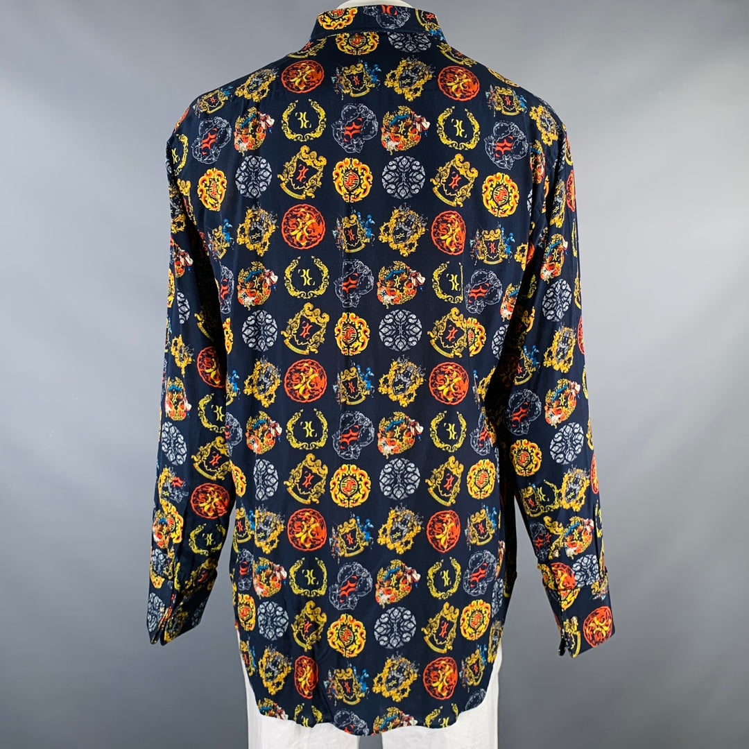 BILLIONAIRE COUTURE Size XL Navy Multi-Color Print Silk Long Sleeve Shirt