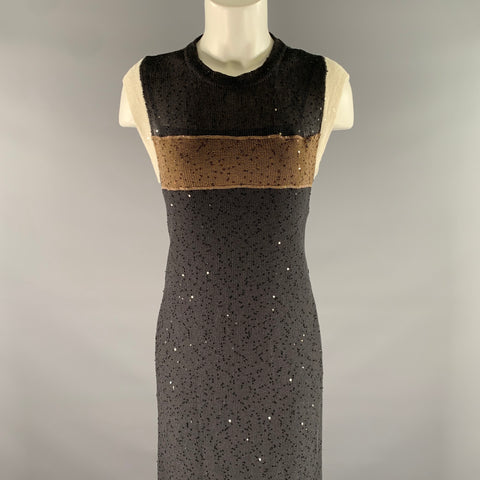 BRUNELLO CUCINELLI Size S Grey Tan Linen Silk Color Block Sequin Maxi Long Dress