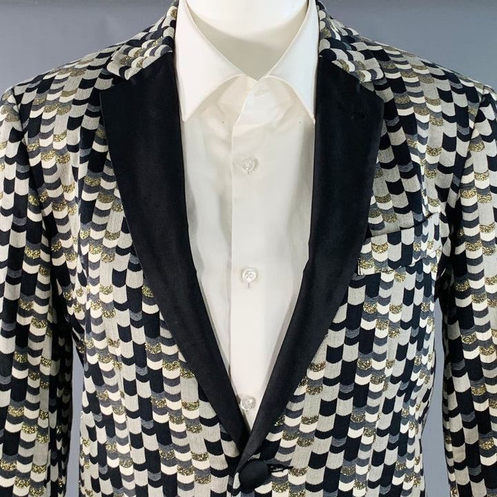 MR TURK Size 36 Regular Grey Black Gold Scales Jacquard Cotton Blend Suit