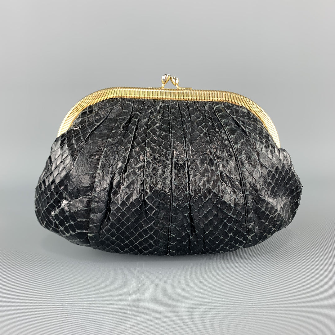 JUDITH LEIBER Ruched Black Snake Skin Evening Clutch Handbag