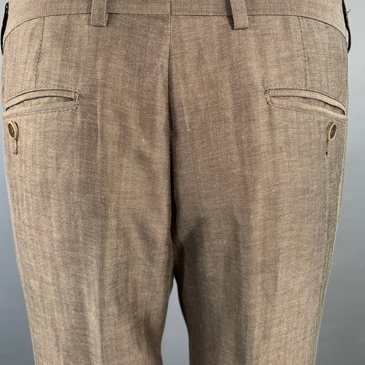 BRUNELLO CUCINELLI Size 38 Brown Herringbone Linen Wool Silk Peak Lapel Suit