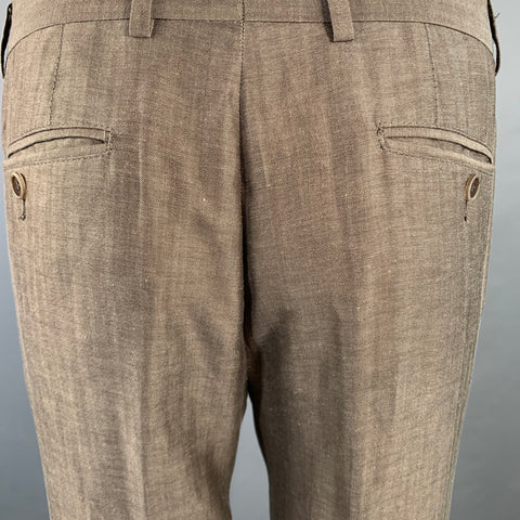 BRUNELLO CUCINELLI Size 38 Brown Herringbone Linen Wool Silk Peak Lapel Suit
