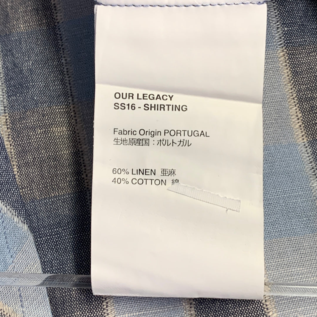 OUR LEGACY SS16 Size 38 Blue Grey Plaid Linen Cotton One Pocket Long Sleeve Shirt