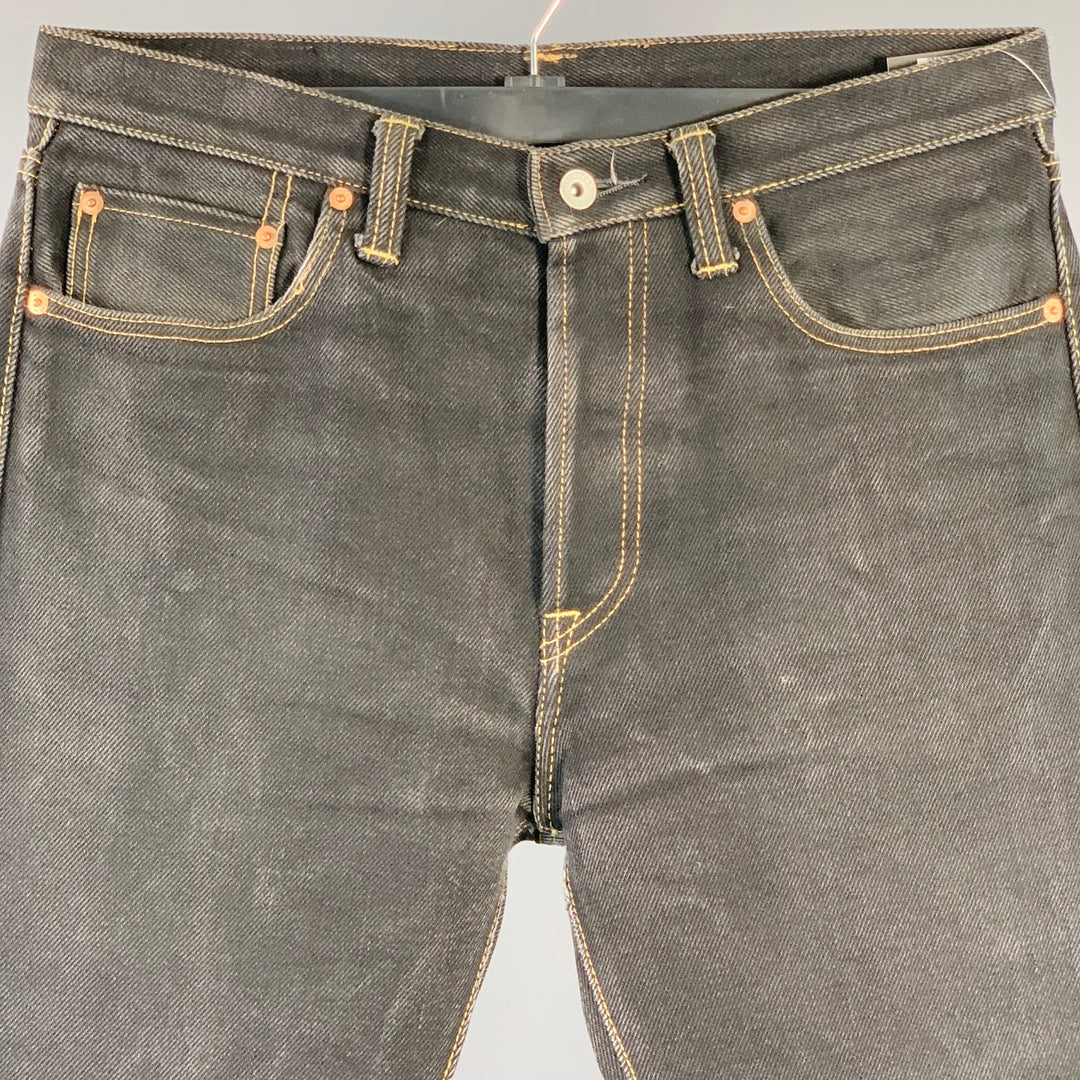 IRON HEART Size 34  Black Contrast Stitch 21oz Cotton Denim Twill Straight Jeans