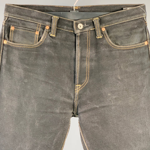 IRON HEART Size 34  Black Contrast Stitch 21oz Cotton Denim Twill Straight Jeans