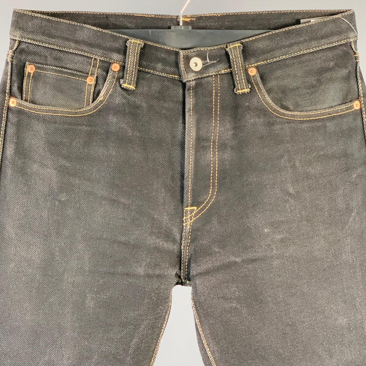 IRON HEART Size 34  Black Contrast Stitch 21oz Cotton Denim Twill Straight Jeans