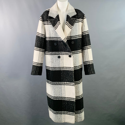 ALLSAINTS Size 6 Black White Grey Wool Blend Plaid Double Breasted Coat