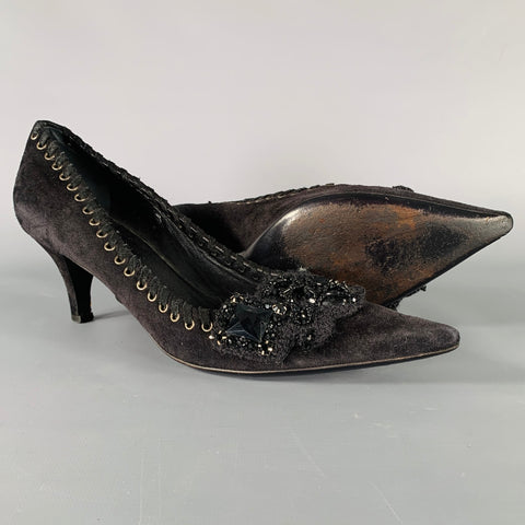 PRADA Size 7.5 Black Suede Beaded Embellishment Heels Pumps