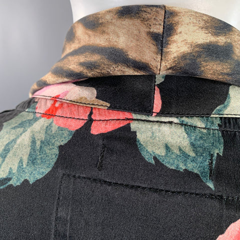 R13 Size XS Black Multi Color Silk Floral Shawl Collar Smoking Robe