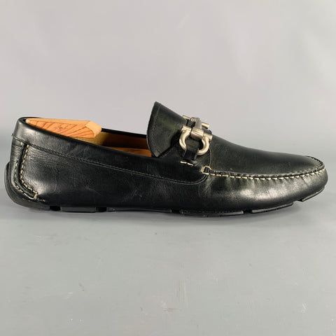 SALVATORE FERRAGAMO Size 10 -Parigi- Black Contrast Stitch Leather Drivers Loafers