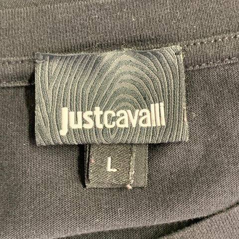 JUST CAVALLI Size L Black Brown Cotton Leopard Graphic Crew Neck T-Shirt