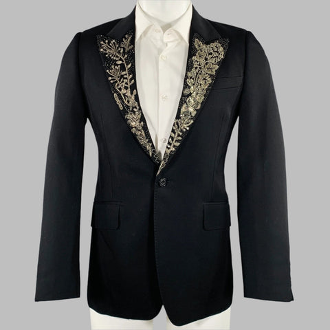 ALEXANDER MCQUEEN Size 38 Black Beaded Wool Peak Lapel Sport Coat