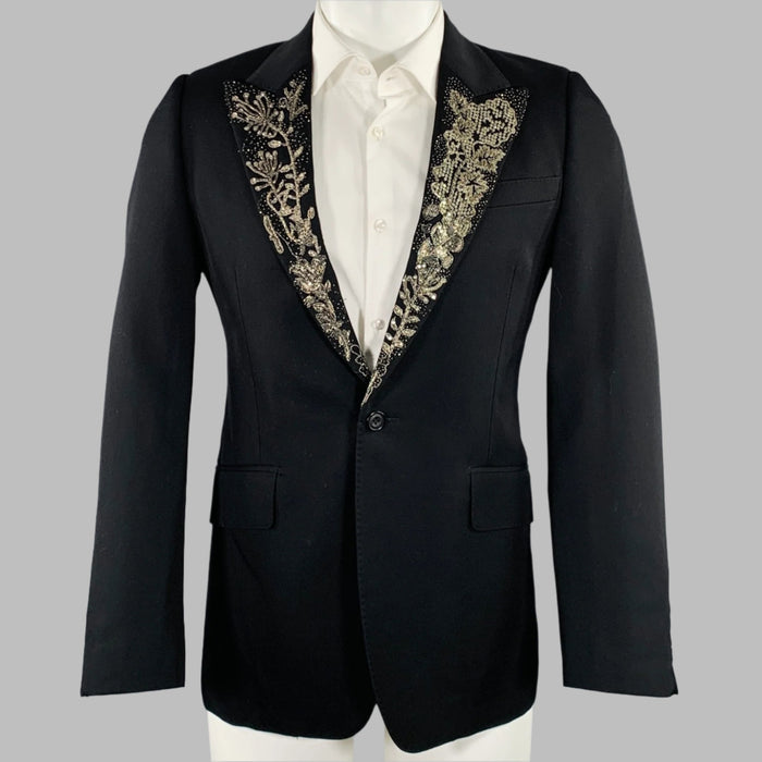 ALEXANDER MCQUEEN Size 38 Black Beaded Wool Peak Lapel Sport Coat