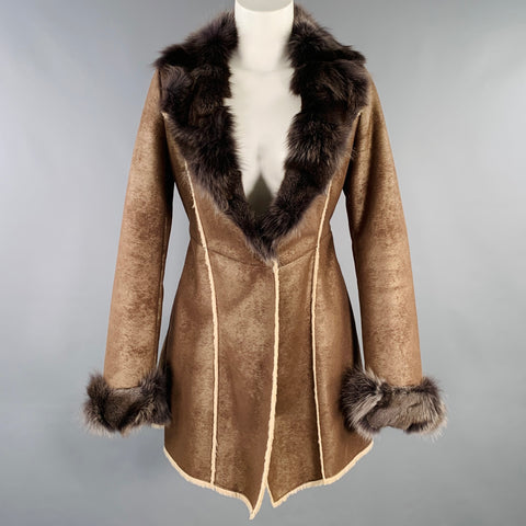 PELLACCI Size XS Brown Cream Leather Fur Trim Snaps Coat