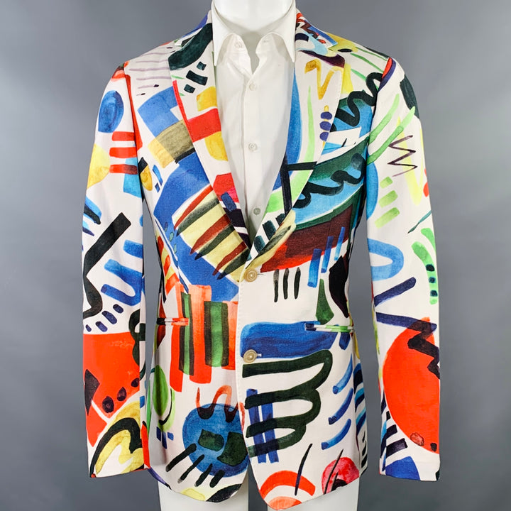 KLEIN EPSTEIN & PARKER Size 38 White Multi Color Graffiti Linen Sport Coat