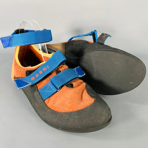 MARNI Size 10 Black Blue Orange Acetate Ankle Strap Hook Loop Sneakers