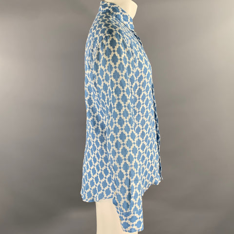 PENINSULA Size XL Blue White Geometric Linen Long Sleeve Shirt