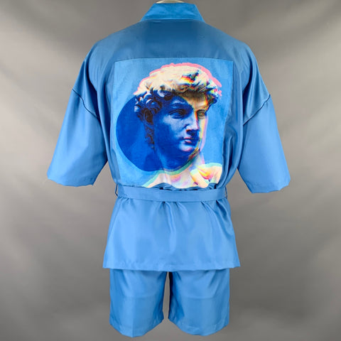 YUSUF KAYI Size L Blue Belted Kimono Shorts Suit