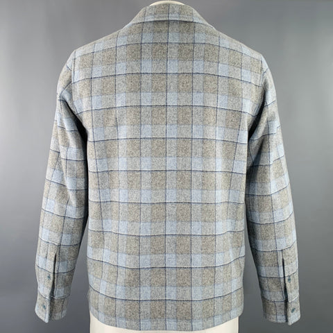 SANDRO Size L Blue Grey Window Pane Wool Blend Zip Up Jacket