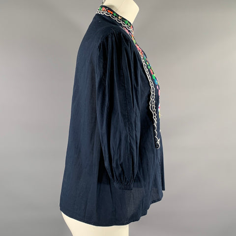 ESSENTIEL ANTWERP Size 8 Navy Multi-Color Beaded Mandarin Collar Blouse