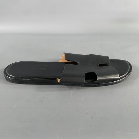 HERMES Size 11 Black Leather Slide Sandals