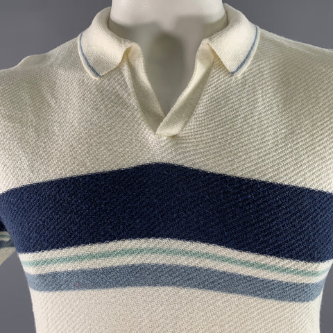 MARINE LAYER Size L Navy White Blue Color Block Stripe Cotton Polo
