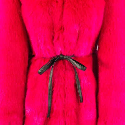 CINQ a' SEPT Size XS Fuchsia Pink Black Faux Fur Belted Coat