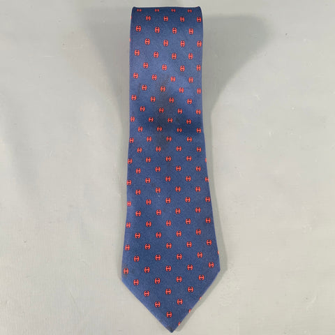 HERMES Navy Red Monogram Silk Tie