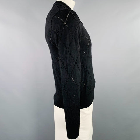 DRIES VAN NOTEN Size L Black Knit Wool Diamond Polo Pullover