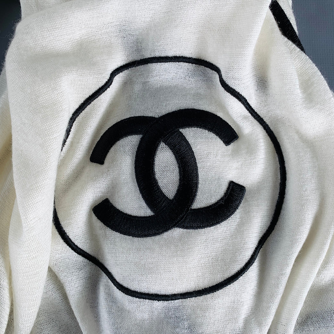 CHANEL Cream Black CC Monogram Cashmere Silk Scarf