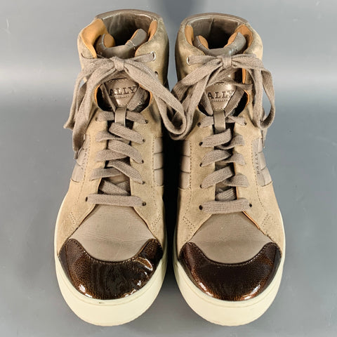 BALLY Size 8.5 Brown Taupe Color Block Leather High Top Sneakers