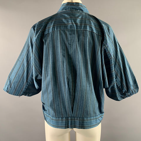 Size L Blue Orange Stripe Polyester Blend Shawl Collar Shirt