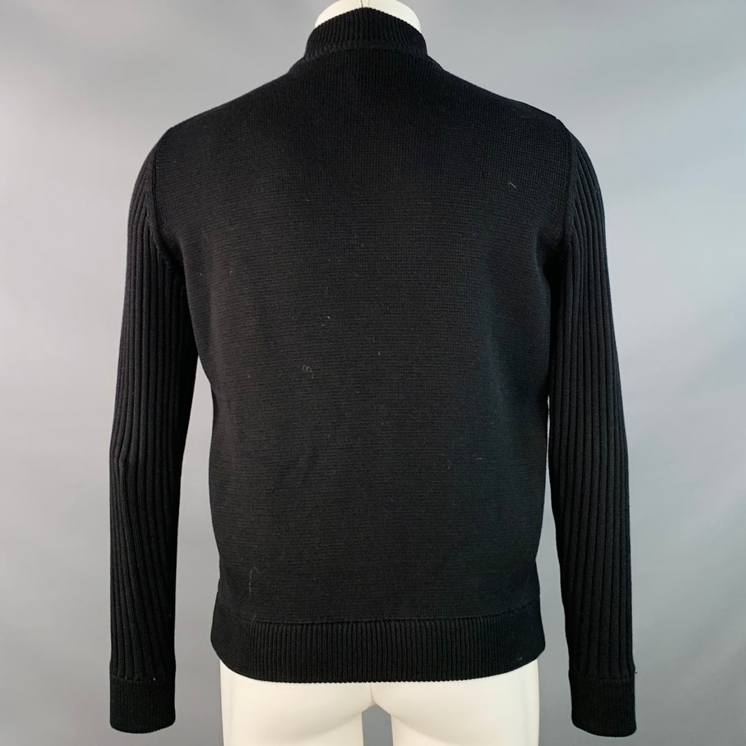 SALVATORE FERRAGAMO Size M Black Leather Virgin Wool Ribbed Zip Up Jacket