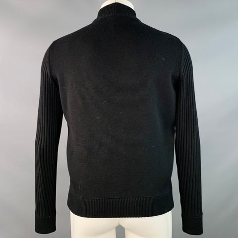 SALVATORE FERRAGAMO Size M Black Leather Virgin Wool Ribbed Zip Up Jacket