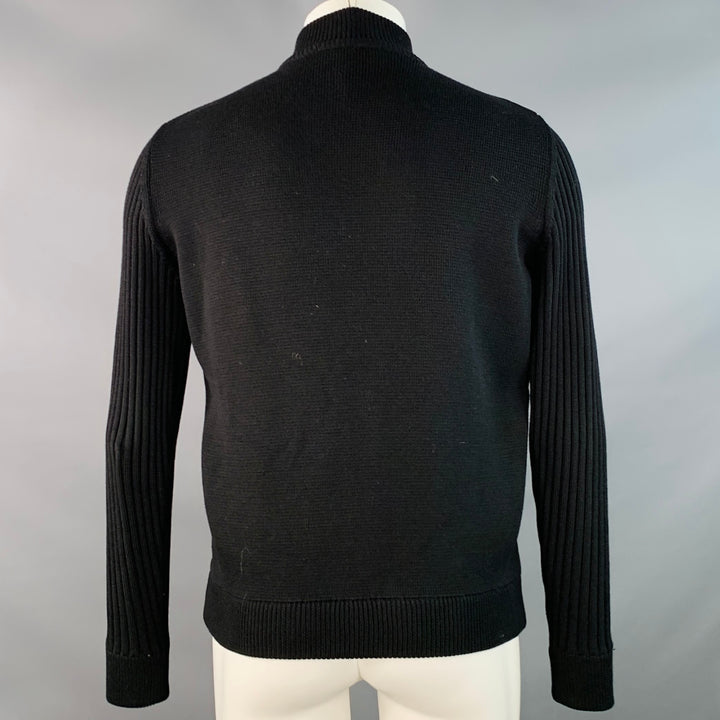 SALVATORE FERRAGAMO Size M Black Leather Virgin Wool Ribbed Zip Up Jacket