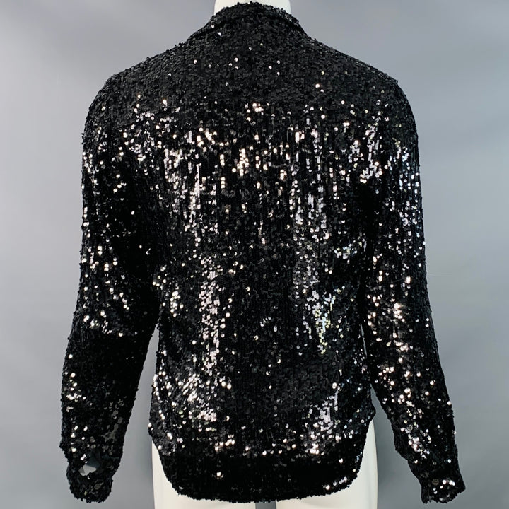 DRIES VAN NOTEN Size S Black Sequined Viscose Curved Cutaway Long Sleeve Shirt