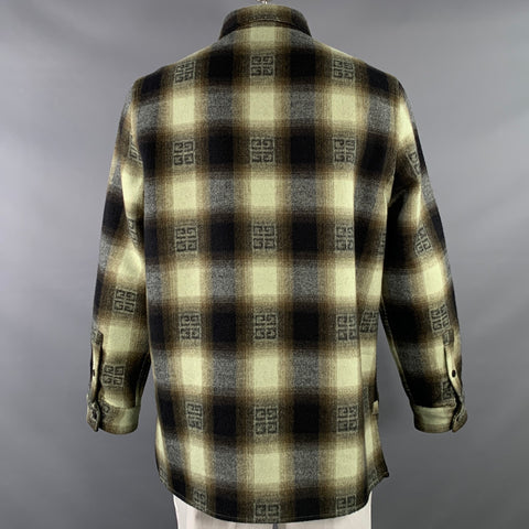GIVENCHY Size L Green Black Plaid Monogram Wool Long Sleeve Shirt Jacket