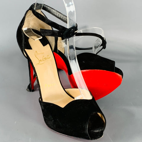 CHRISTIAN LOUBOUTIN Size 7.5 Aketata 120 Black Red Suede Ankle Strap Sandals