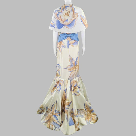 RIZIK BROS. Size 6 Cream Blue Tan Silk Floral Shawl Strapless Gown