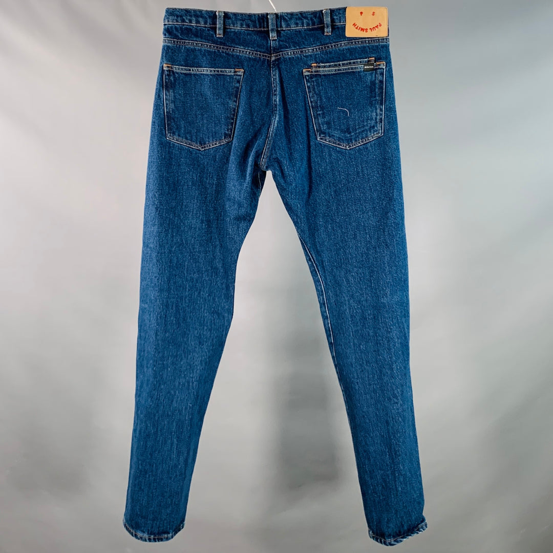 PAUL SMITH SS24 Size 34 Blue Washed Cotton Straight Contrast Stitch Jeans