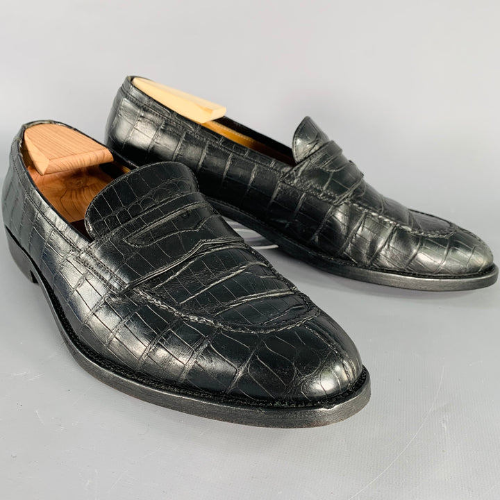 A. TESTONI Size 11.5 Black Crocodile Leather Penny Loafers