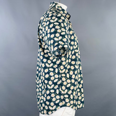 RILEY Size L Navy White Floral Cotton Spread Collar Short Sleeve Shirt