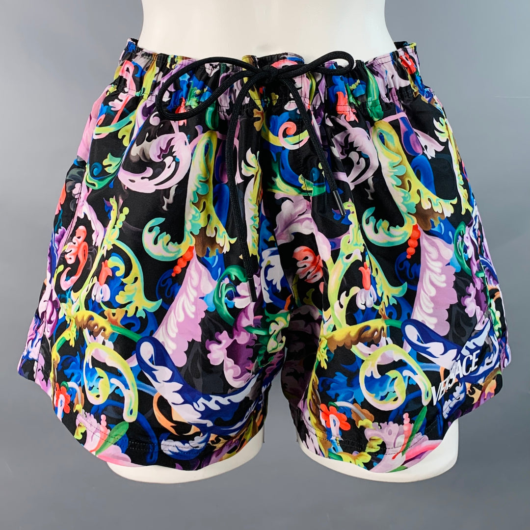 VERSACE Size 32 Multi Color Polyester Baroque Drawstring Shorts